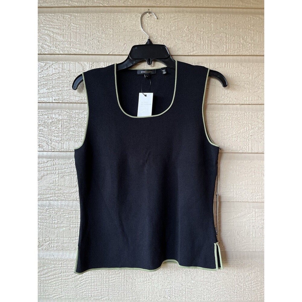 BCBGMAXAZRIA women Knit Shell Tank Top size Large Black & Moss Green Piping $130